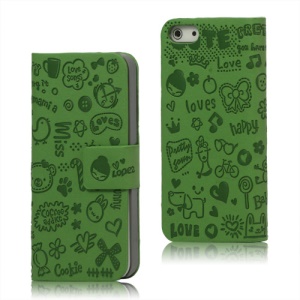 Cute Cartoon Magnetic Leather Folio Case Cover for iPhone 5 - Green