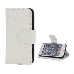 Grid Pattern Magnetic Wallet Card Stand Leather Case for iPhone 5 - White