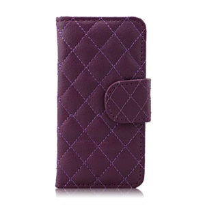 Grid Pattern Magnetic Wallet Card Stand Leather Case for iPhone 5 - Purple