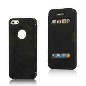 Textured Plastic & Leather Hybrid Flip Case for iPhone 5 - Black