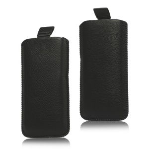 Lychee Pull Up Tab Leather Pouch Case Cover for iPhone 5 - Black