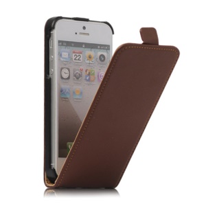 Genuine Split Leather Vertical  Magnetic Leather Case Cover for iPhone 5 - Brown