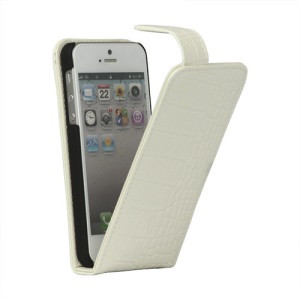Crocodile Genuine Leather Flip Case Cover for iPhone 5 - White