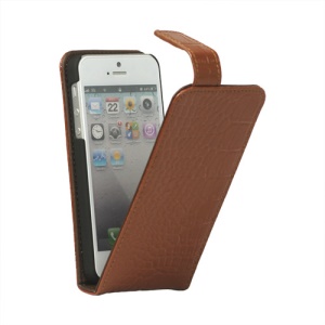 Crocodile Genuine Leather Flip Case Cover for iPhone 5 - Brown