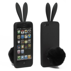 Cute Rabbit Ears TPU Case with Velvet Stand for iPhone 5 - Black
