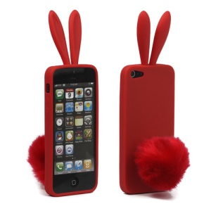 Cute Rabbit Ears TPU Case Cover with Velvet Stand for iPhone 5 - Red
