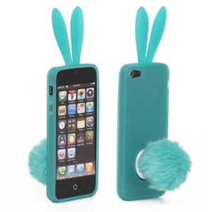 Cute Rabbit Ears TPU Gel Case with Velvet Stand for iPhone 5 - Green