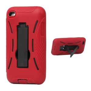 Snap-on Defender Case Cover with Stand for iPod Touch 4 - Red