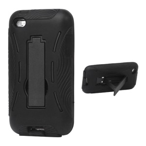 Snap-on Defender Case Cover with Stand for iPod Touch 4 - Black