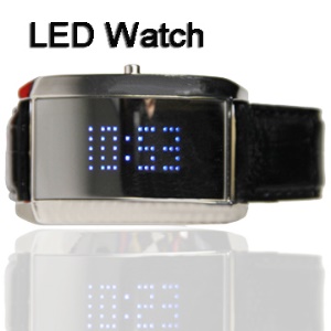Leather Band 80-LED Date Time Stainless Steel Men Wrist Watch