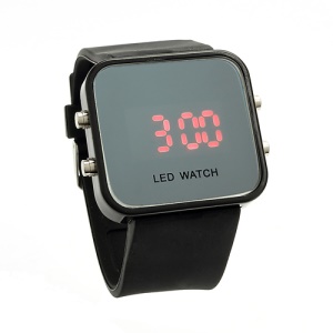 Sports Style Silicone Band Unisex Mirror Face Plastic LED Digital Wristwatch - Black