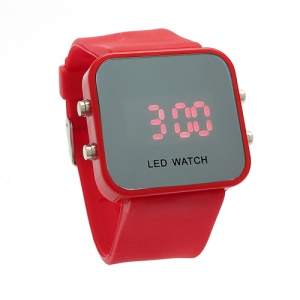 Sports Style Silicone Band Unisex Mirror Face Plastic LED Digital Wristwatch - Red