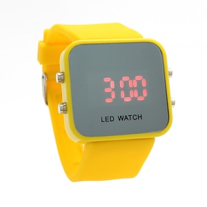 Sports Style Silicone Band Unisex Mirror Face Plastic LED Digital Wristwatch - Yellow