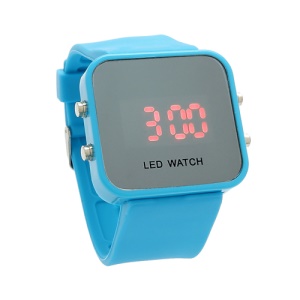 Sports Style Silicone Band Unisex Mirror Face Plastic LED Digital Wristwatch - Baby Blue
