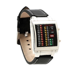 Multicolor Light LED Watch Week Date Display Leather Watchband 8231 - Silver Dial