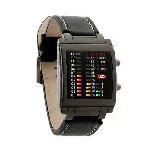 Multicolor Light LED Watch Week Date Display Leather Watchband 8231 - Black Dial