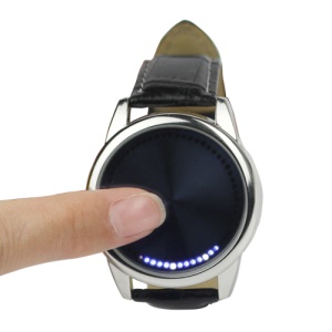Blue LED Fashion Men Women Unisex Touch Screen Smart Wrist Watch - Black Leather Band