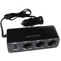 USB Car Charger with Triple Cigarette Lighter Socket