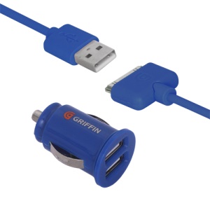 Griffin 2 in 1 Dual USB Car Charger Adapter with Charger Cable for iPad iPhone iPod 2.1A - Blue