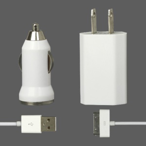 3 in 1 White Travel Car Charger and Apple USB Cable Crystal Box Packing - US Plug