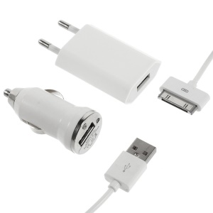 3 in 1 White Travel Car Charger and Apple USB Cable Crystal Box Packing - EU Plug