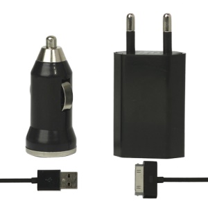 3 in 1 Black Travel Car Charger and Apple USB Cable Crystal Box Packing - EU Plug