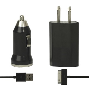 3 in 1 Black Travel Car Charger and Apple USB Cable Crystal Box Packing - US Plug