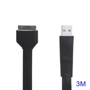 Noodle-shaped 30pin Dock Connector to USB Flat Cable for iPad iPhone iPod 3M - Black