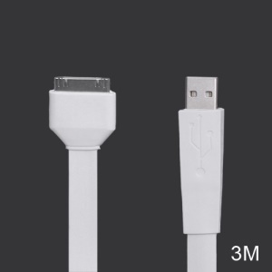 Noodle-shaped 30pin Dock Connector to USB Flat Cable for iPad iPhone iPod 3M - White