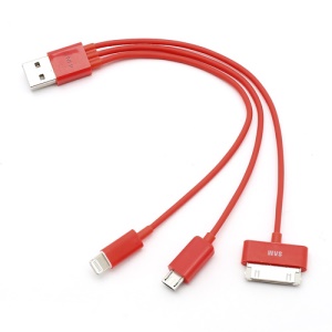 3 IN 1 Lightning 8 Pin + 30 Pin + Micro USB Data Sync Charging Cable for iPhone iPad Samsung HTC Smartphones All Samsung Tablets - Red