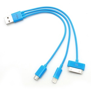 3 IN 1 Lightning 8 Pin + 30 Pin + Micro USB Data Sync Charging Cable for iPhone iPad Samsung HTC Smartphones All Samsung Tablets - Blue