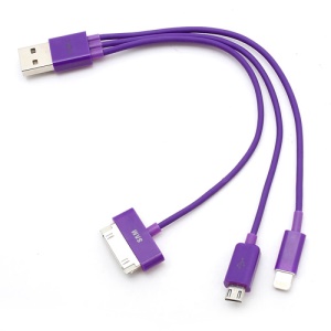 3 IN 1 Lightning 8 Pin + 30 Pin + Micro USB Data Sync Charging Cable for iPhone iPad Samsung HTC Smartphones All Samsung Tablets - Purple