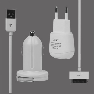 3 in 1 Wall Car Charger and Data Cable for Samsung Galaxy Tab P1000/P7500 Euro Plug - White