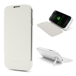 3200mAh Slidling Power Bank Battery Charger Case w/ Front Leather Cover for Samsung Galaxy S4 i9500 i9502 i9505 - White