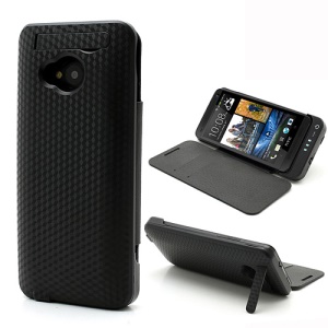 3800mAh Cubic Texture Power Bank Battery Charger Case w/ Front Leather Cover for HTC One M7 801e