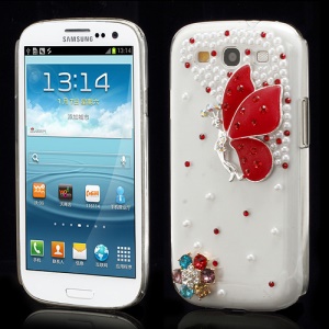 Vivid 3D Butterfly Rhinestone Pearl Case Cover for Samsung Galaxy S3 / III I9300 - Red