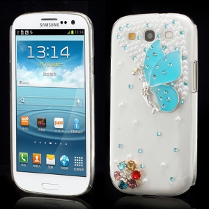 Vivid 3D Butterfly Rhinestone Pearl Case Cover for Samsung Galaxy S3 / III I9300 - Blue