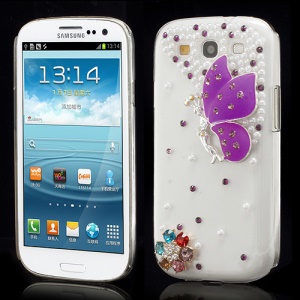 Vivid 3D Butterfly Rhinestone Pearl Case Cover for Samsung Galaxy S3 / III I9300 - Purple