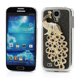 Glittery Powder Leather Skin 3D Diamante Peacock Plating Hard Case for Samsung Galaxy S IV 4 i9500 i9505 - Black