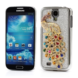 Glittery Powder Leather Skin 3D Diamante Peacock Plating Hard Case for Samsung Galaxy S IV 4 i9500 i9505 - Silver