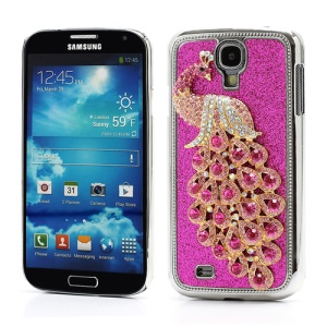 Glittery Powder Leather Skin 3D Diamante Peacock Plating Hard Case for Samsung Galaxy S IV 4 i9500 i9505 - Rose