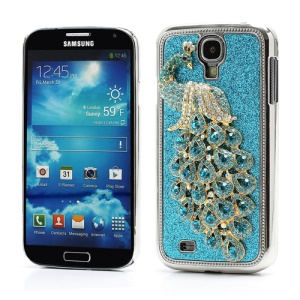 Glittery Powder Leather Skin 3D Diamante Peacock Plating Hard Case for Samsung Galaxy S IV 4 i9500 i9505 - Blue