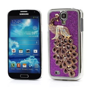 Glittery Powder Leather Skin 3D Diamante Peacock Plating Hard Case for Samsung Galaxy S IV 4 i9500 i9505 - Purple