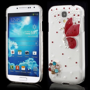 3D Butterfly Flowers Pearl Diamante Case Cover for Samsung Galaxy S4 i9500 i9502 i9505 - Red