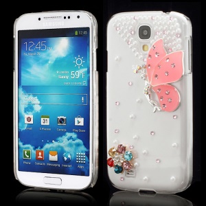3D Butterfly Flowers Pearl Diamante Case Cover for Samsung Galaxy S4 i9500 i9502 i9505 - Pink