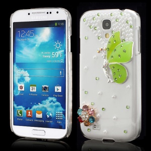 3D Butterfly Flowers Pearl Diamante Case Cover for Samsung Galaxy S4 i9500 i9502 i9505 - Green