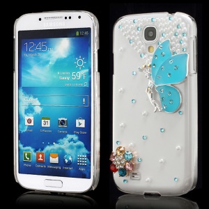 3D Butterfly Flowers Pearl Diamante Case Cover for Samsung Galaxy S4 i9500 i9502 i9505 - Blue