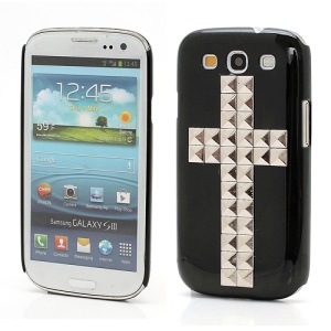Cool Cross Silver Pyramid Studs Rivet Hard Plastic Case for Samsung Galaxy S 3 / III I9300 - Black