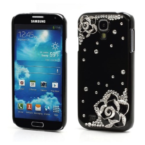 3D Camellia Bling Bling Rhinestone Hard Case Cover for Samsung Galaxy S4 IV i9500 i9502 i9505 - Black