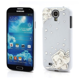 3D Camellia Bling Bling Rhinestone Hard Case Cover for Samsung Galaxy S4 IV i9500 i9502 i9505 - White